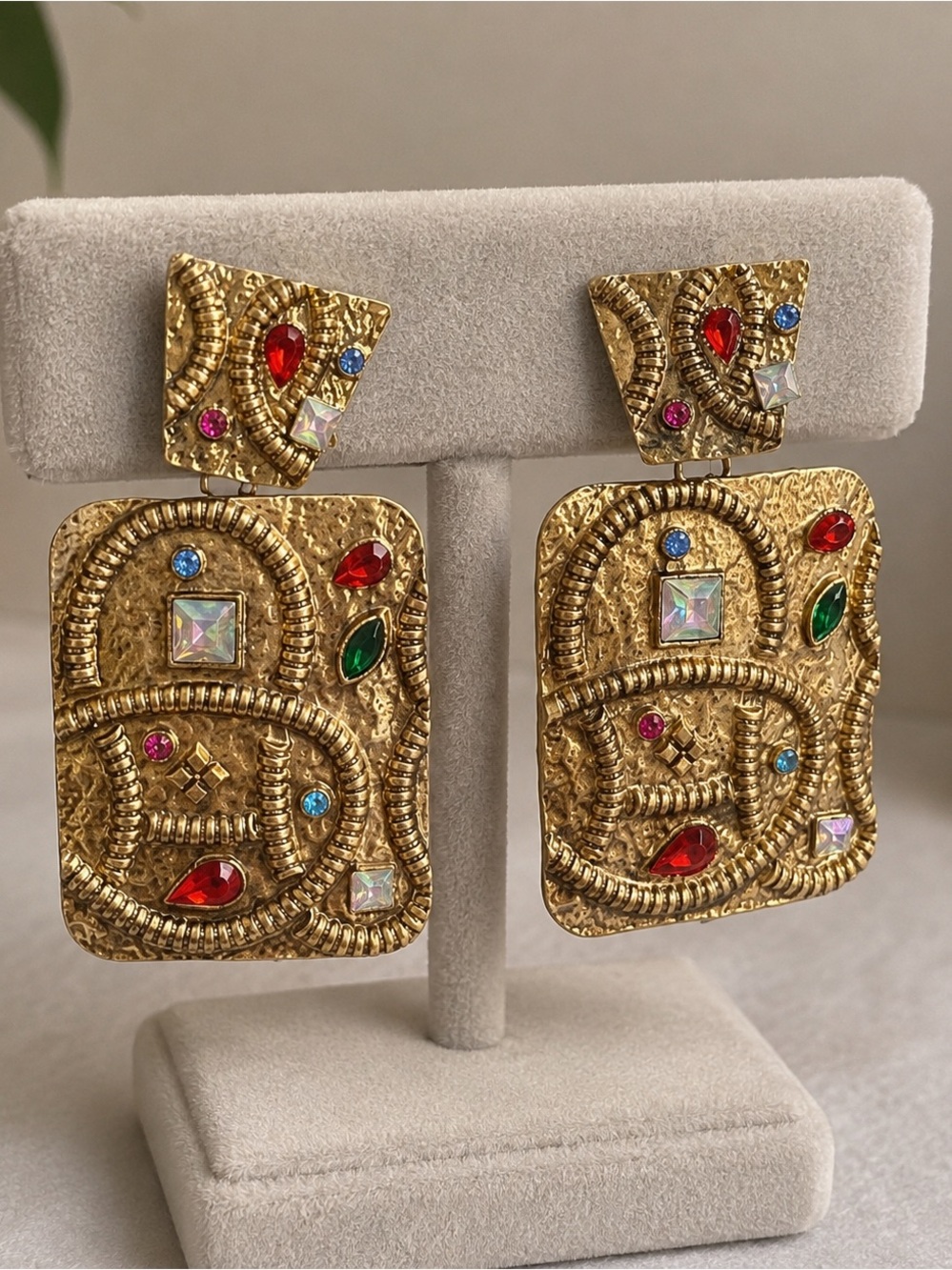 Gold Statement Earrings with Multicolor Gems